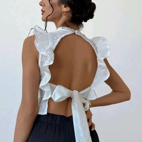 Elegant Backless White Shirt For Weddings With Ruffled Edges And Waist Tie - Picture 1 of 5